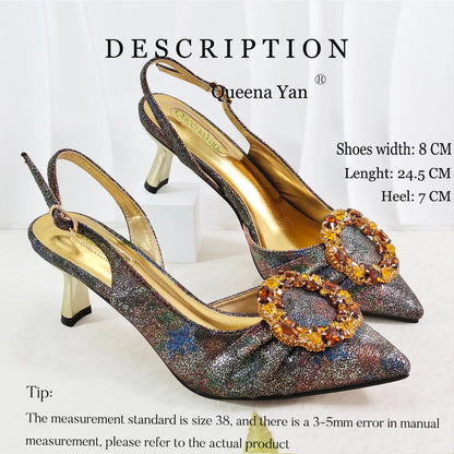Multicolor Glitter Rhinestone Ring Handle Evening Clutch And Women High Heels Shoes Set Wedding Party Matching Bag