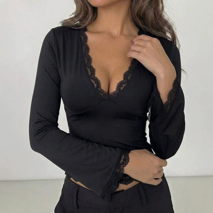 Sexy Deep V Neck Lace Trim Long Sleeve T Shirt Women Y2K Slim Fit Crop Top Tee Streetwear