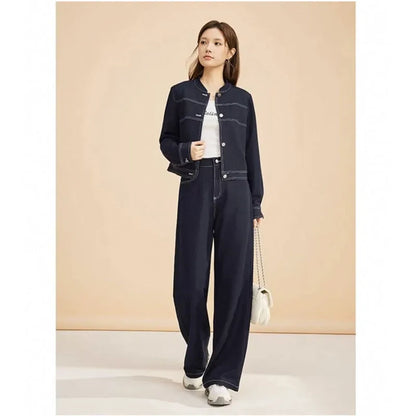 Fashion Casual Suit for Women Spring 2025 New Stylish And Slimming Denim Jacket Wide Leg Pants Two-Piece Set Female Denim Jacket