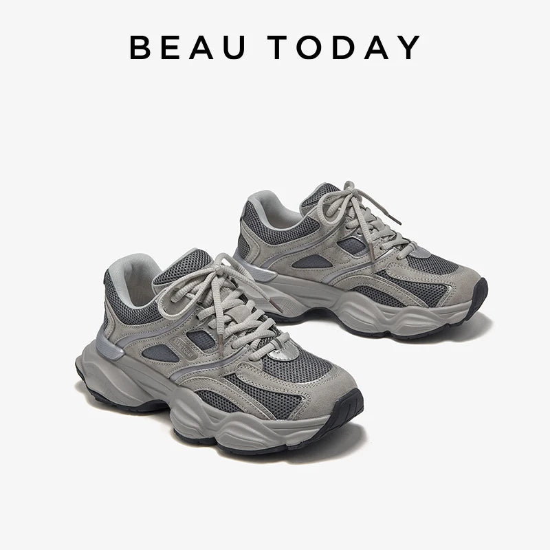 BEAUTODAY Chunky Sneakers Women Mesh Mixed Round Toe Lace-up Thick Sole New Breathable Ladies Sports Shoes Handmade HW29A14
