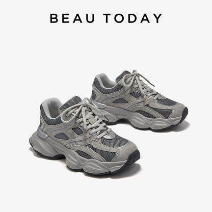 BEAUTODAY Chunky Sneakers Women Mesh Mixed Round Toe Lace-up Thick Sole New Breathable Ladies Sports Shoes Handmade HW29A14