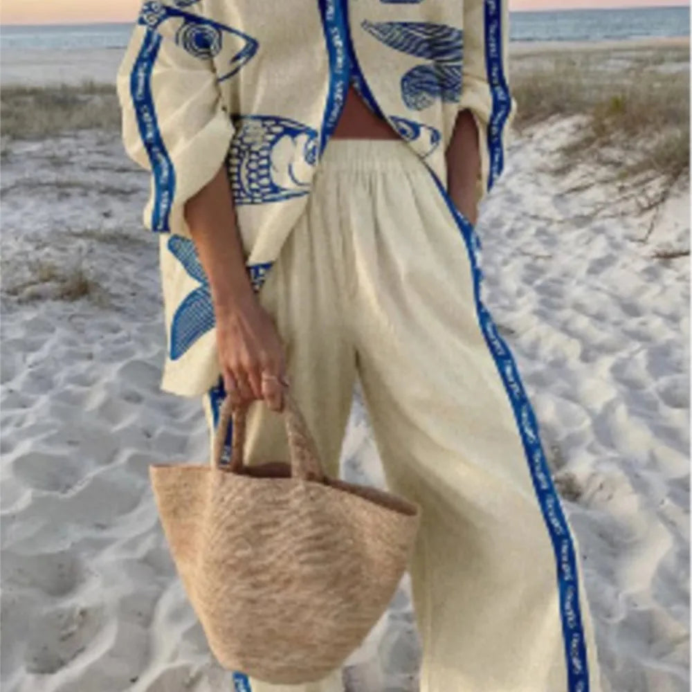 Summer Casual Shirts Two Piece Outfits 2 Pieces Set For Woman New In Matching Sets Blouse For Woman Temperament Vacation Printed