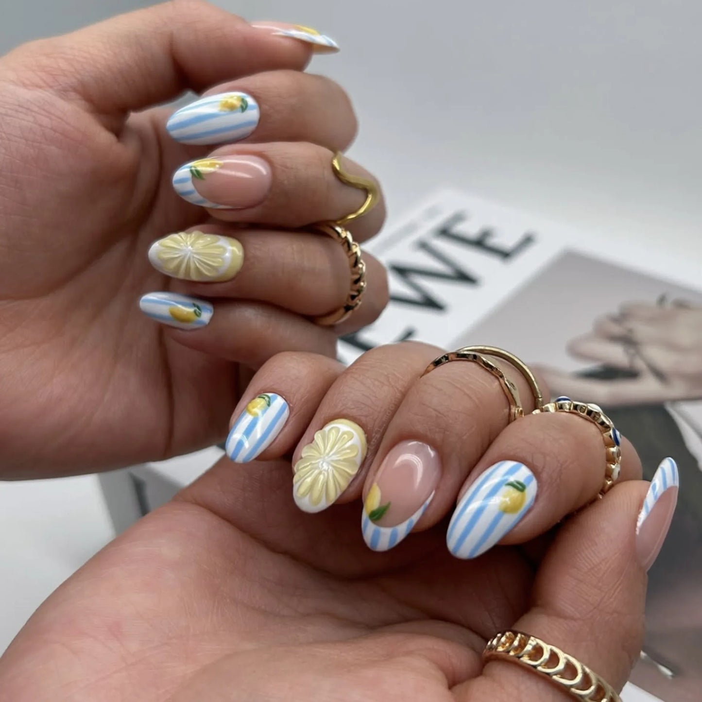 3D Lemon Blue White Striped French Nail Art Summer Chic Short Round False Nails Detachable Finished Fake Nails Press on Nails