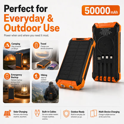 50000mAh Solar Power Bank Fast Charging Portable Charger with Built-in Cables Wireless Outdoor Battery Pack
