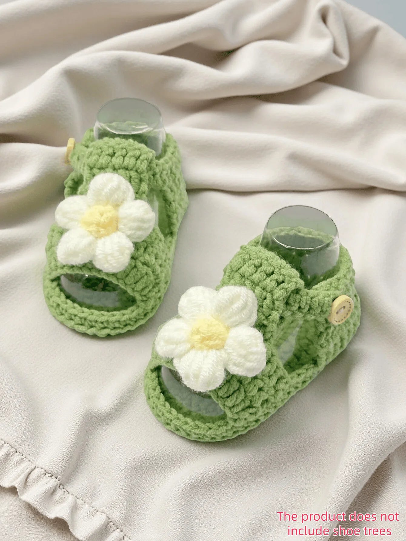 1 Pair Crochet Baby Girl Sandal Booties, Pink, Daisy Flower Accent with Button Strap, Infant Shoes