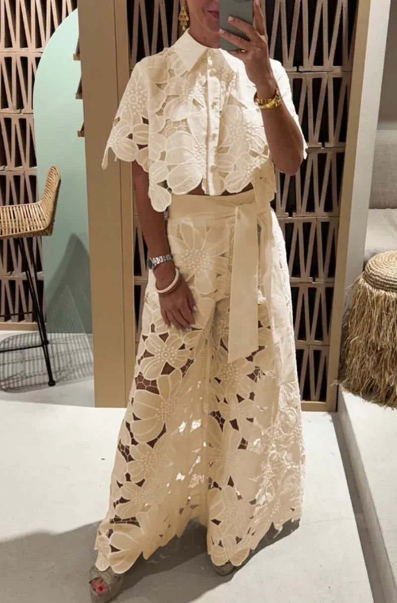 Women 2Pcs Lace Outfit Embroidery Retro Hollow Temperament Suit 2025 Elegant Button Short Sleeved Blouse Tops&Tie-up Pants Set