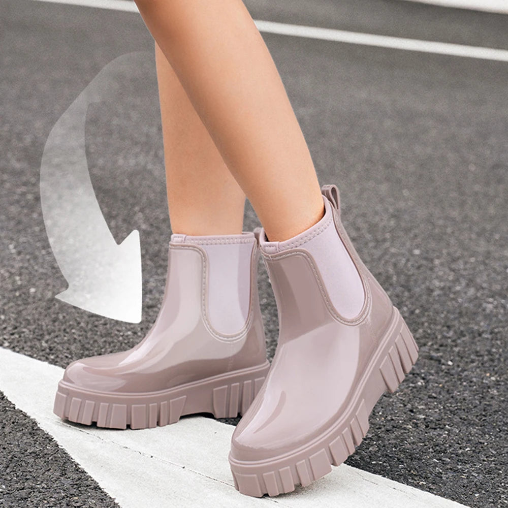 PVC Fashion Rain Boots Shoes For Women Solid Anti-slip Wear-resistant Thick Soled Shoes Low Cut High Top Round Toe Waterproof Water Shoes
