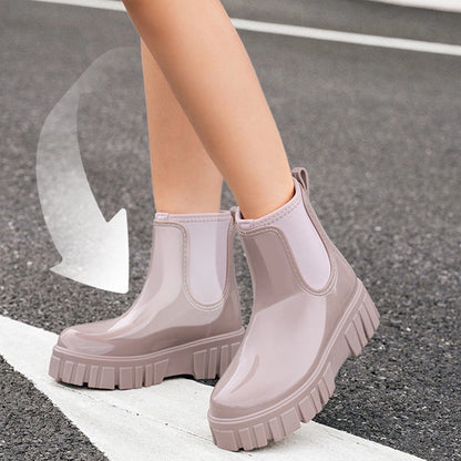 PVC Fashion Rain Boots Shoes For Women Solid Anti-slip Wear-resistant Thick Soled Shoes Low Cut High Top Round Toe Waterproof Water Shoes