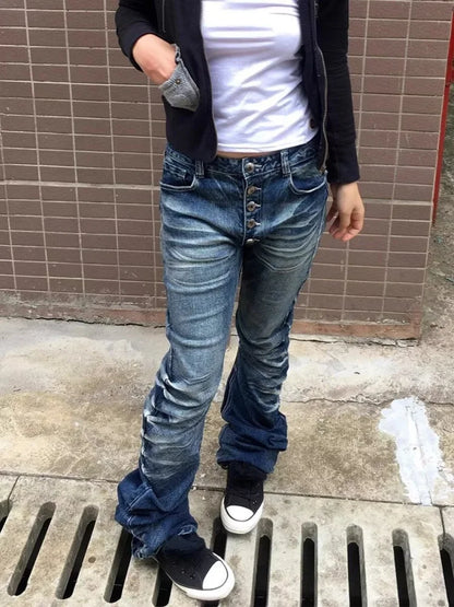 2026 Ropa Y2K Fashion Button Fly Washed Blue Slim Pleated Jeans Pants For Women Clothing Streetwear Vintage Lady Denim Trousers