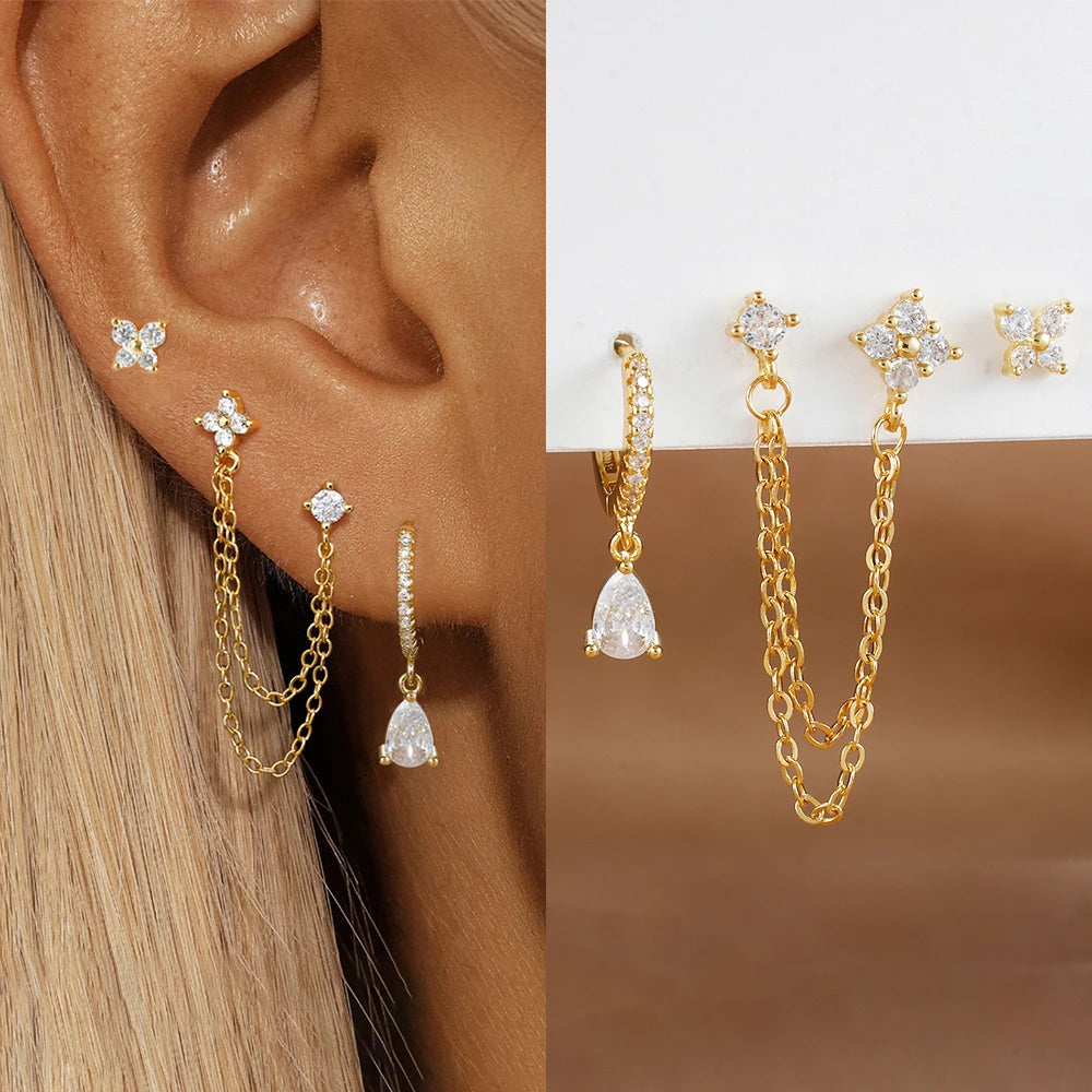 3PCS Set Stainless Steel Crystal CZ Butterfly Ear Stud Earring Gold Plated Pendant Water Drop Cartilage Earring Piercing Jewelry