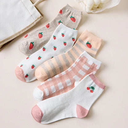 5 Pairs Women Fruit Print Socks Set Cute Casual Korean Fashion Kawaii Japanese Style Pumpkin Strawberry Banana Peach Avocado Sox