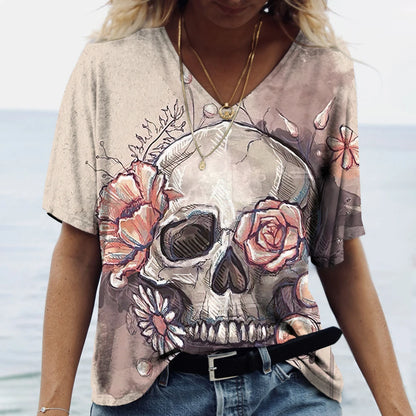 Skulls T-shirt Women's Shirt Fashion Short Sleeve New Casual Top Tee Ladies Girl Clothing V Neck T Shirt For Women