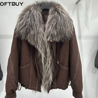 OFTBUY Women Suede Cropped Coat Oversized Real Fox Fur Collar Goose Down Jacket Winter Warm Drawstring Hem Daily Wear Outerwear