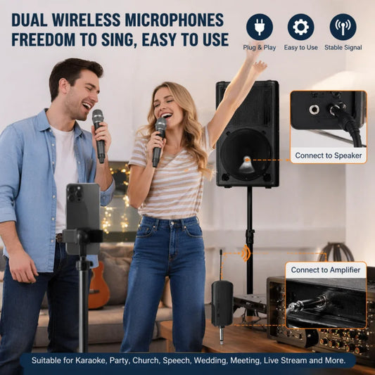 Gray wireless microphone system with rechargeable battery, 2.4GHz wireless, LCD display screen, mute and lock function, USB-C charging, including for podcasting, recording, home studio, stylish handheld design, Typec charging