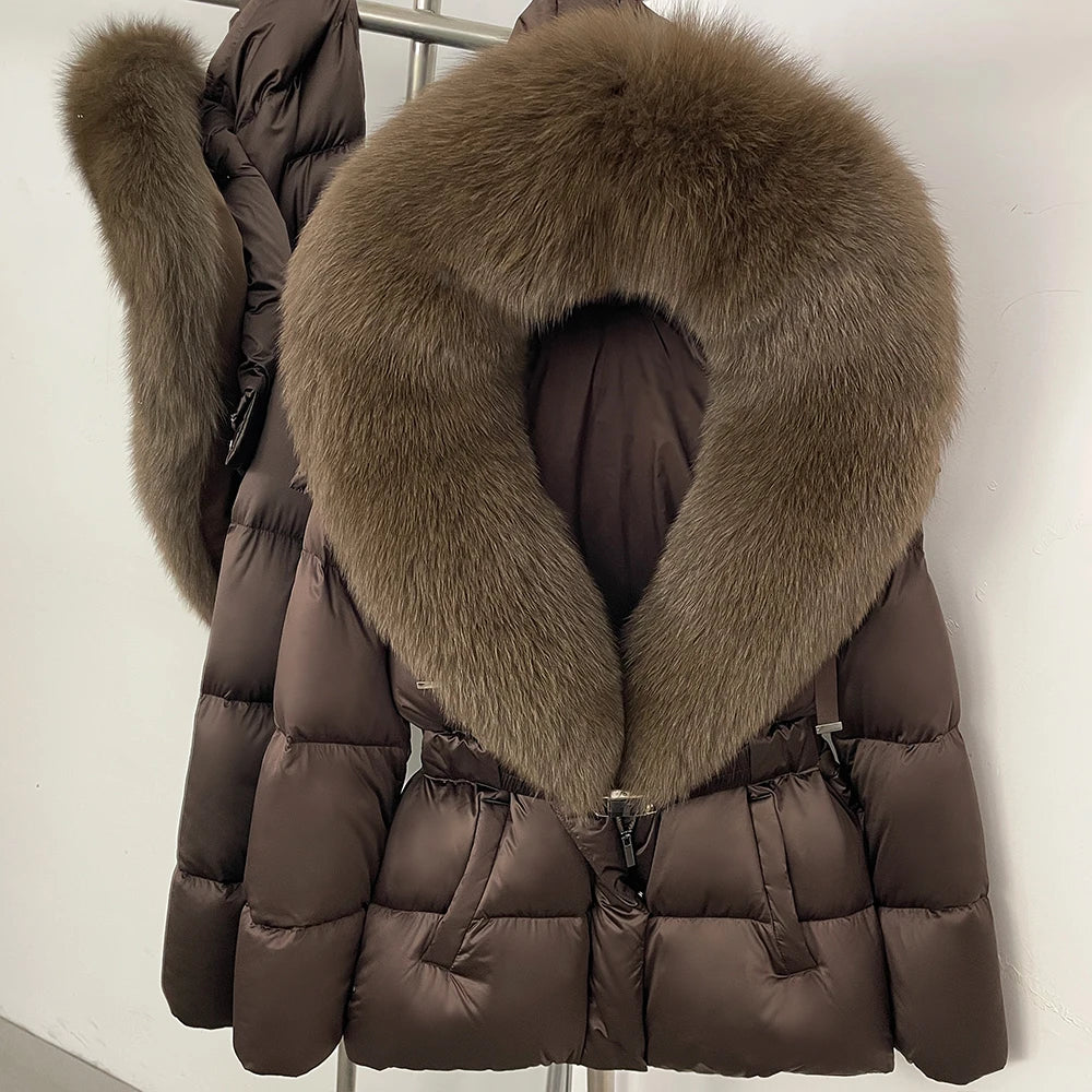 OFTBUY New Fashion Winter Clothes Women Duck Down Coat with Big Natural Fur Collar Belt Hooded Real Fox Fur Puffer Jacket Female
