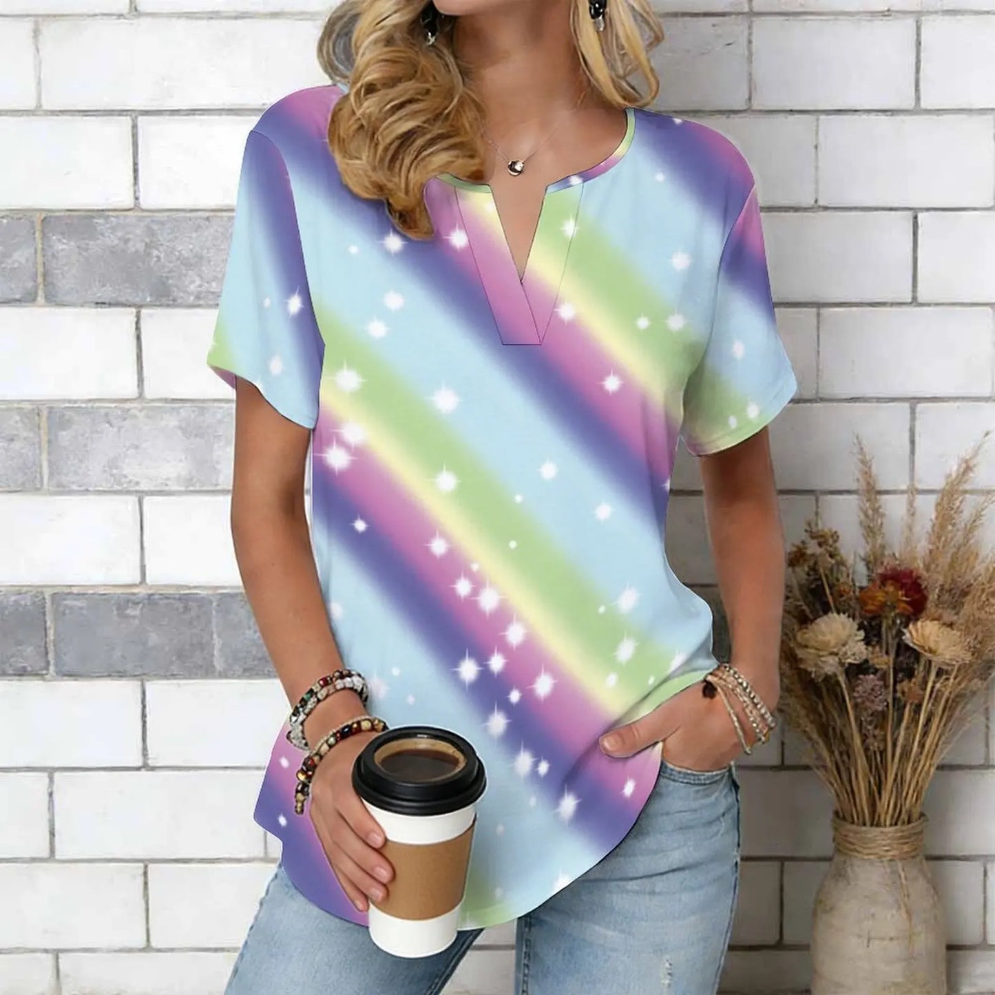 Women Print Notched V Neck Short Sleeve Casual Loose Tunic Tops