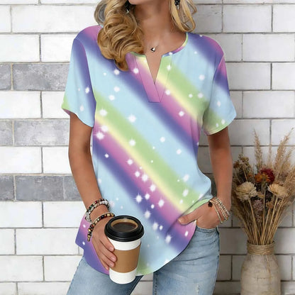 Women Print Notched V Neck Short Sleeve Casual Loose Tunic Tops