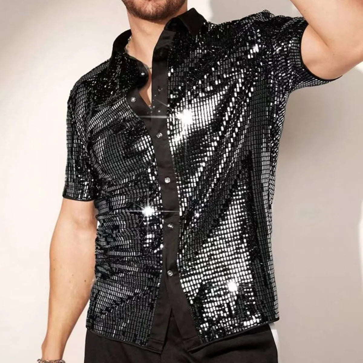 New Arrival Stylish Breathable Sequin Short Sleeve Shirt, Men's Stage Performance Top