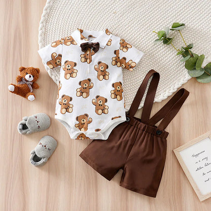 Newborn Baby boys Clothes Set Animal - bear print Fashion Summer Toddler Outfit short sleeve straps Clothe 2-piece outing suit