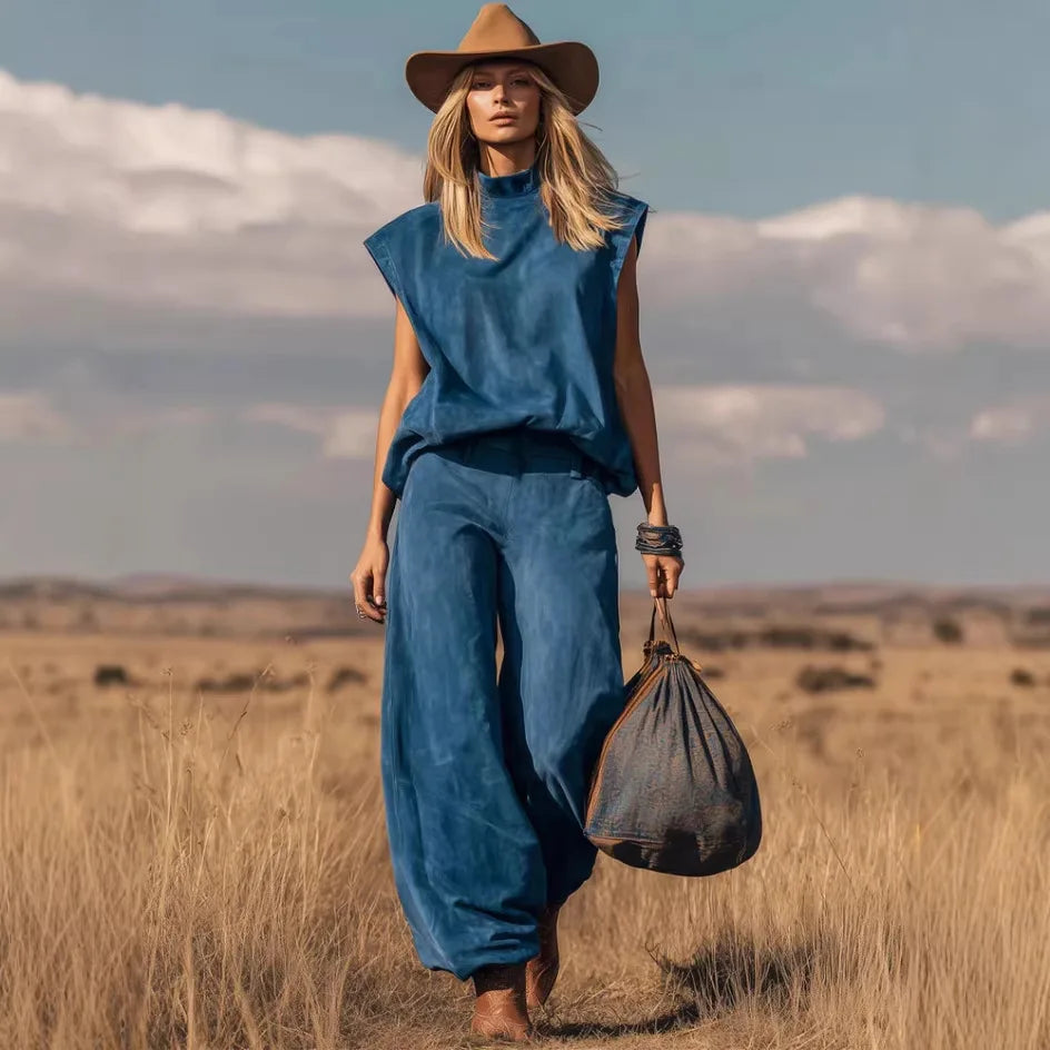 New Fashion Shirt + Wide Leg Pants Two-piece Sets Women Summer Casual Loose Solid Color Denim Top And Trousers Suit For Women