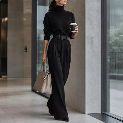 2026 2 Piece Set Women's High-Neck Turtleneck Long Sleeve High-Waist Belted Pants Suit Set Women Casual Matching Set Streetwear