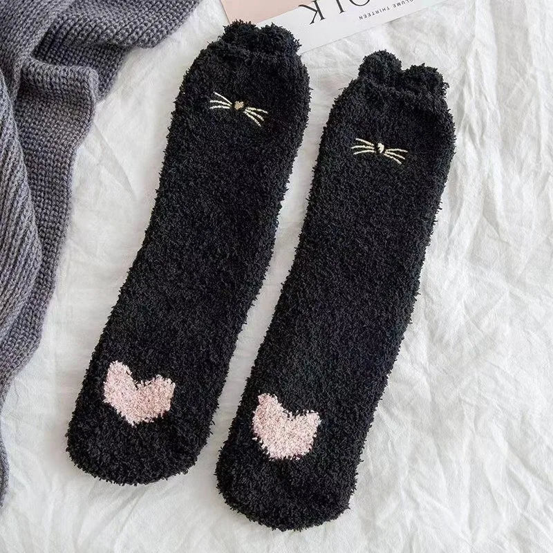 1 Pairs Warm & Fuzzy Cartoon Animal Socks, Crew Length Warm Coral Fleece Socks For Winter, Women's Stocking & Hosiery