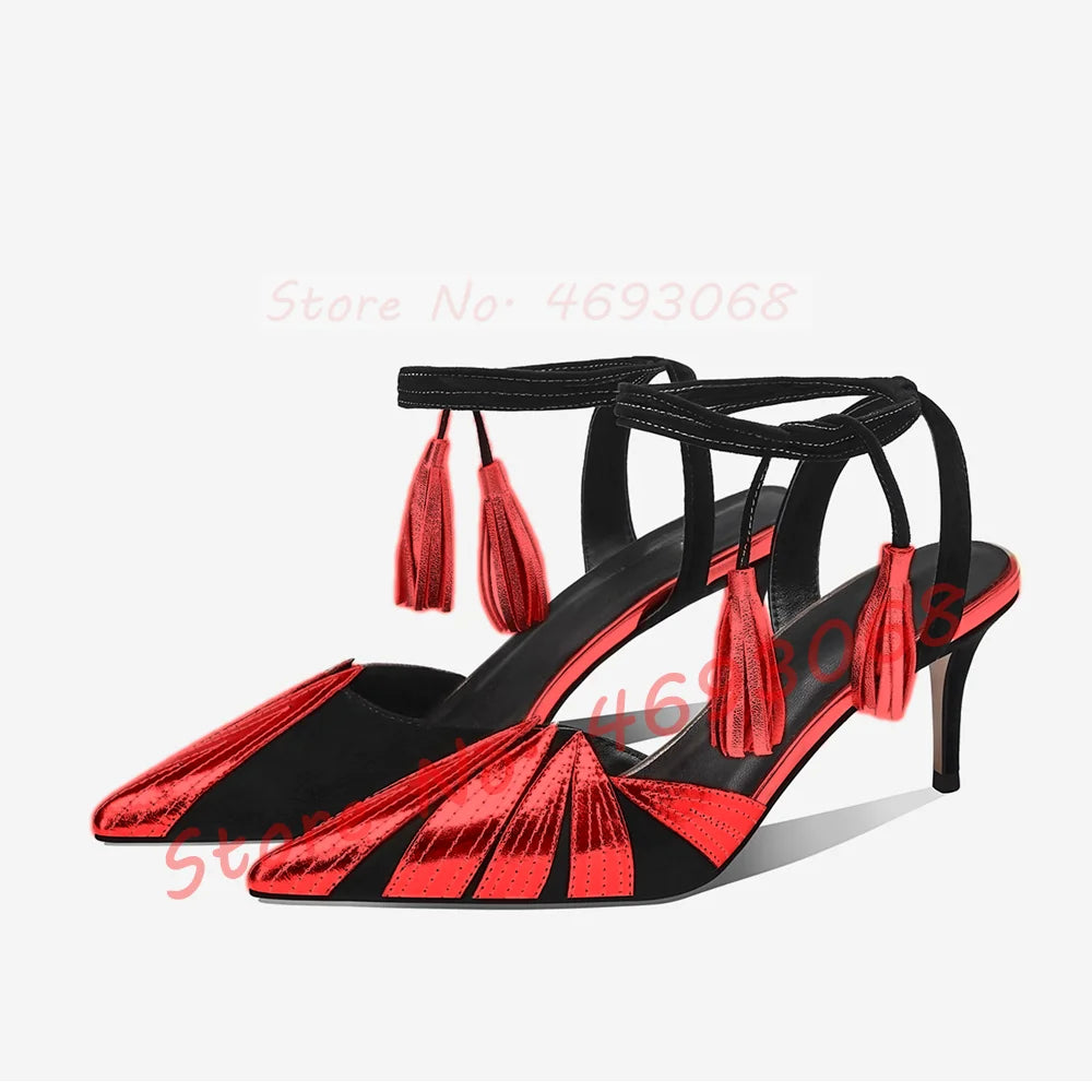 Golden Leaves Wrapped Heeled Sandals Women Fashion Metallic Leather Pointed Toe Shoes Sexy Two Tone Lace Up Fringes Sandals