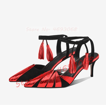 Golden Leaves Wrapped Heeled Sandals Women Fashion Metallic Leather Pointed Toe Shoes Sexy Two Tone Lace Up Fringes Sandals