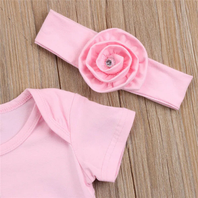0-18months Baby Girls Romper With Headband Solid Pink Summer Short Sleeve Flowers Jumpsuit For Infant Girls