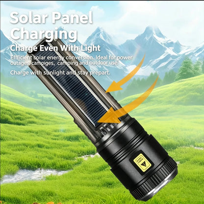 High Power LED Flashlight With Side Light Solar Powered Hand Lantern USB Rechargeable Strong Torch For Outdoor Camping Fishing