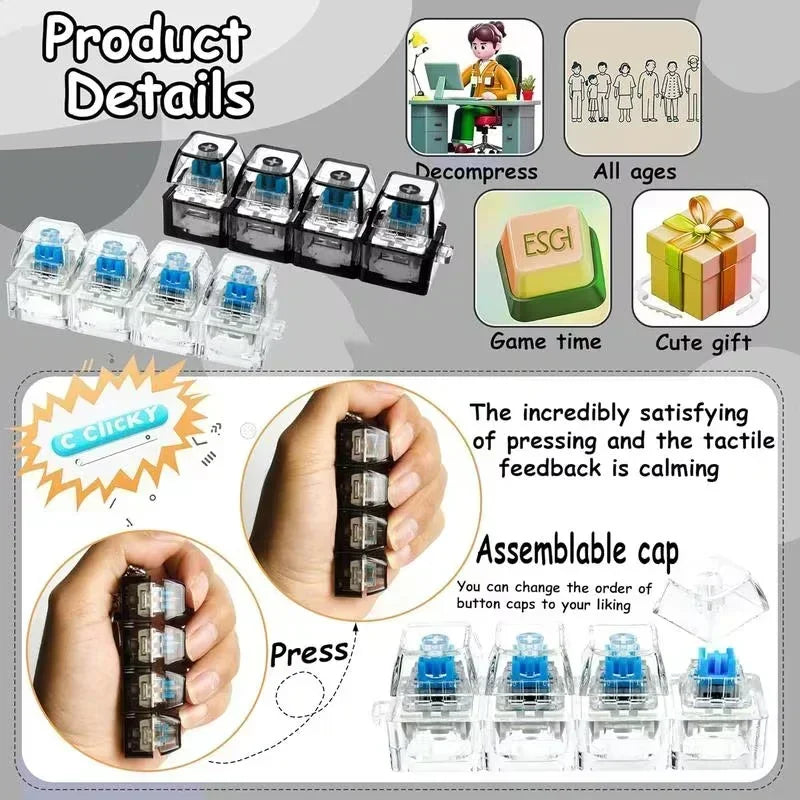 1pcs LED Keyboard Keycap Stress Relief Keychain  4 Button Fidget Tool for Adult Kids Office Decompression Gadget Tech Keychain