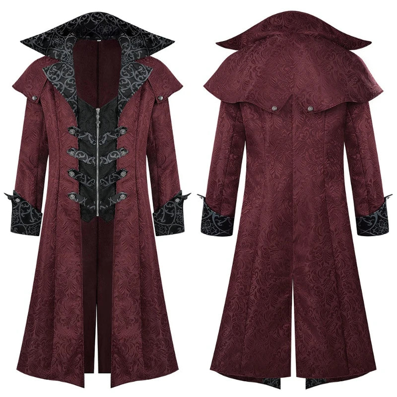 2026 Burgundy Medieval Jacquard Trench Coat for Men,Vintage Gothic Dark Men's Jacket ,Halloween Cosplay Performance Costume Men