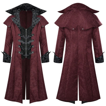 2026 Burgundy Medieval Jacquard Trench Coat for Men,Vintage Gothic Dark Men's Jacket ,Halloween Cosplay Performance Costume Men