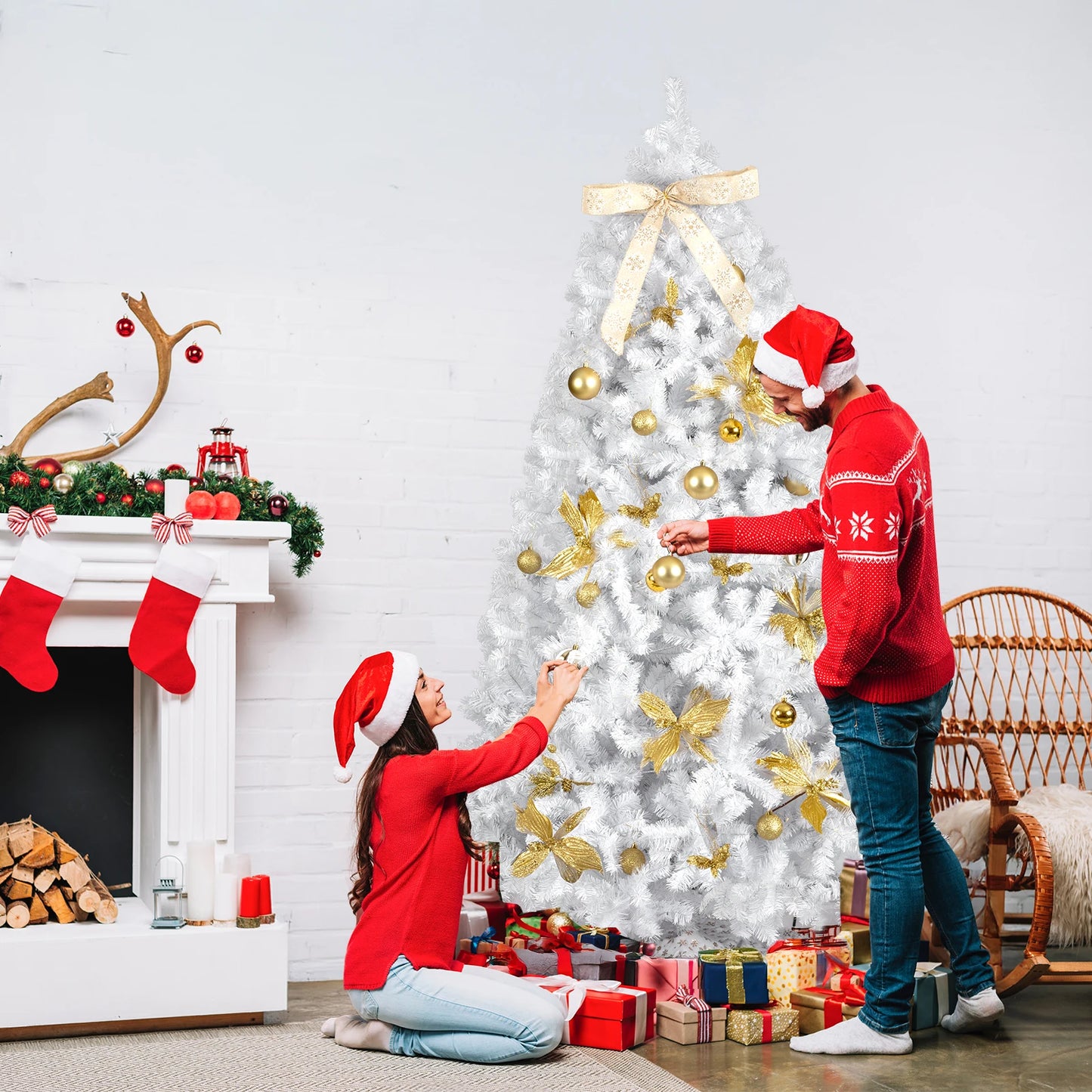 7.5FT White Pre‑lit Artificial Christmas Tree, Hinged Xmas Tree with 400 Warm White LED Lights Remote Control, 1600 Branch Tips with Tree Skirt Bow Gold Ornaments for Home Holiday Decor