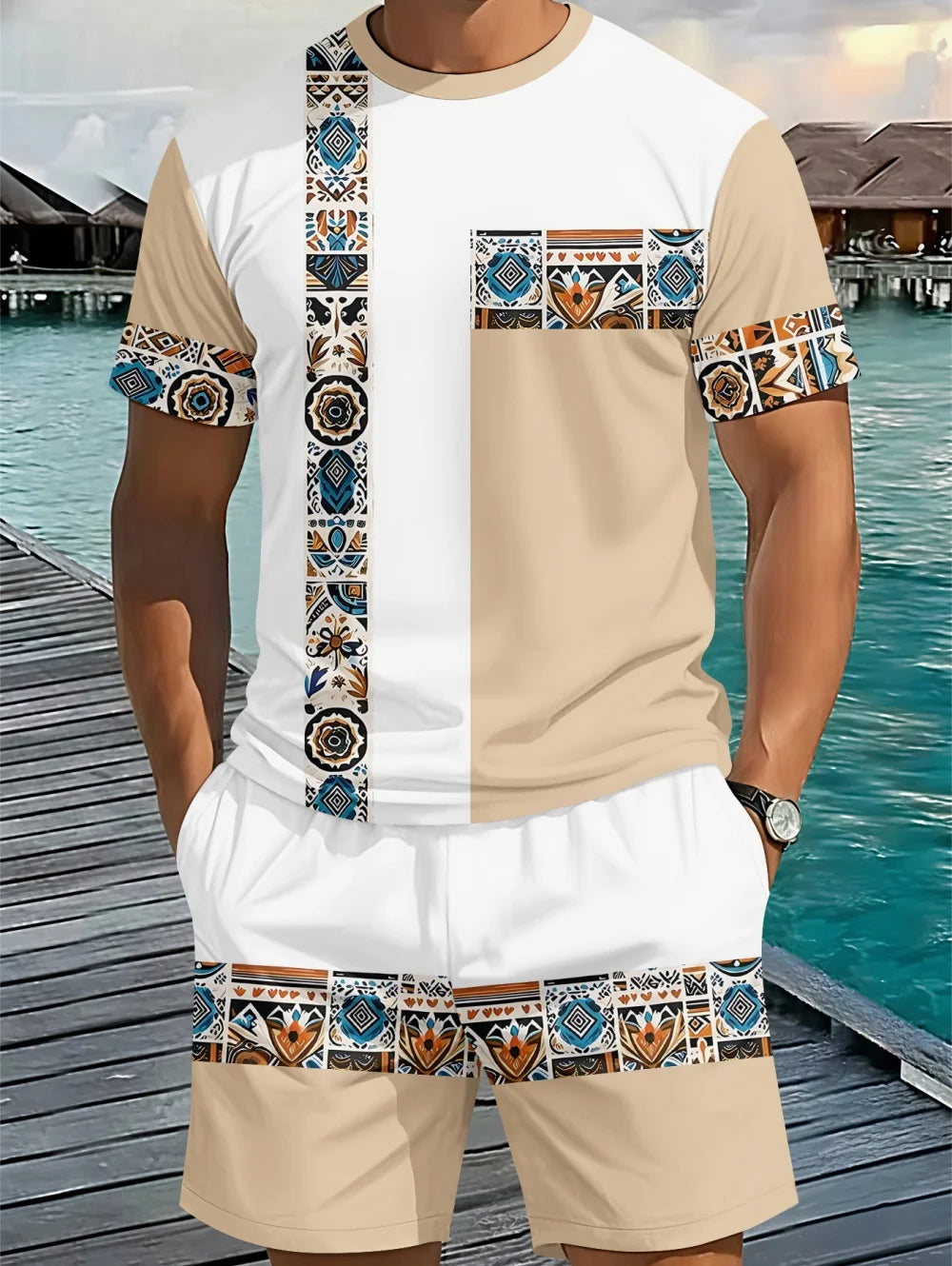Men's Classic Stripe Printed T-Shirt Shorts Set Plus Size Short Sleeve T-Shirt and Drawstring Shorts Summer Casual Two Piece Set