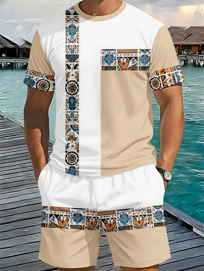 Men's Classic Stripe Printed T-Shirt Shorts Set Plus Size Short Sleeve T-Shirt and Drawstring Shorts Summer Casual Two Piece Set