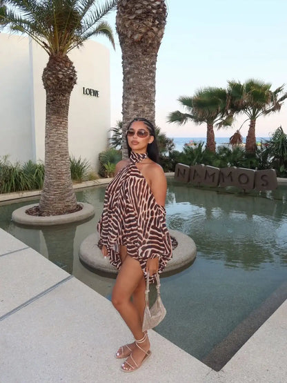 Y2k Mixed Leopard Zebra Two Piece Set Tie Halter Cut Out Shoulder Flared Sleeve Top High Cut Bodycon Shorts Sets Night Out Suit