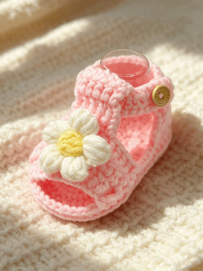 1 Pair Crochet Baby Girl Sandal Booties, Pink, Daisy Flower Accent with Button Strap, Infant Shoes