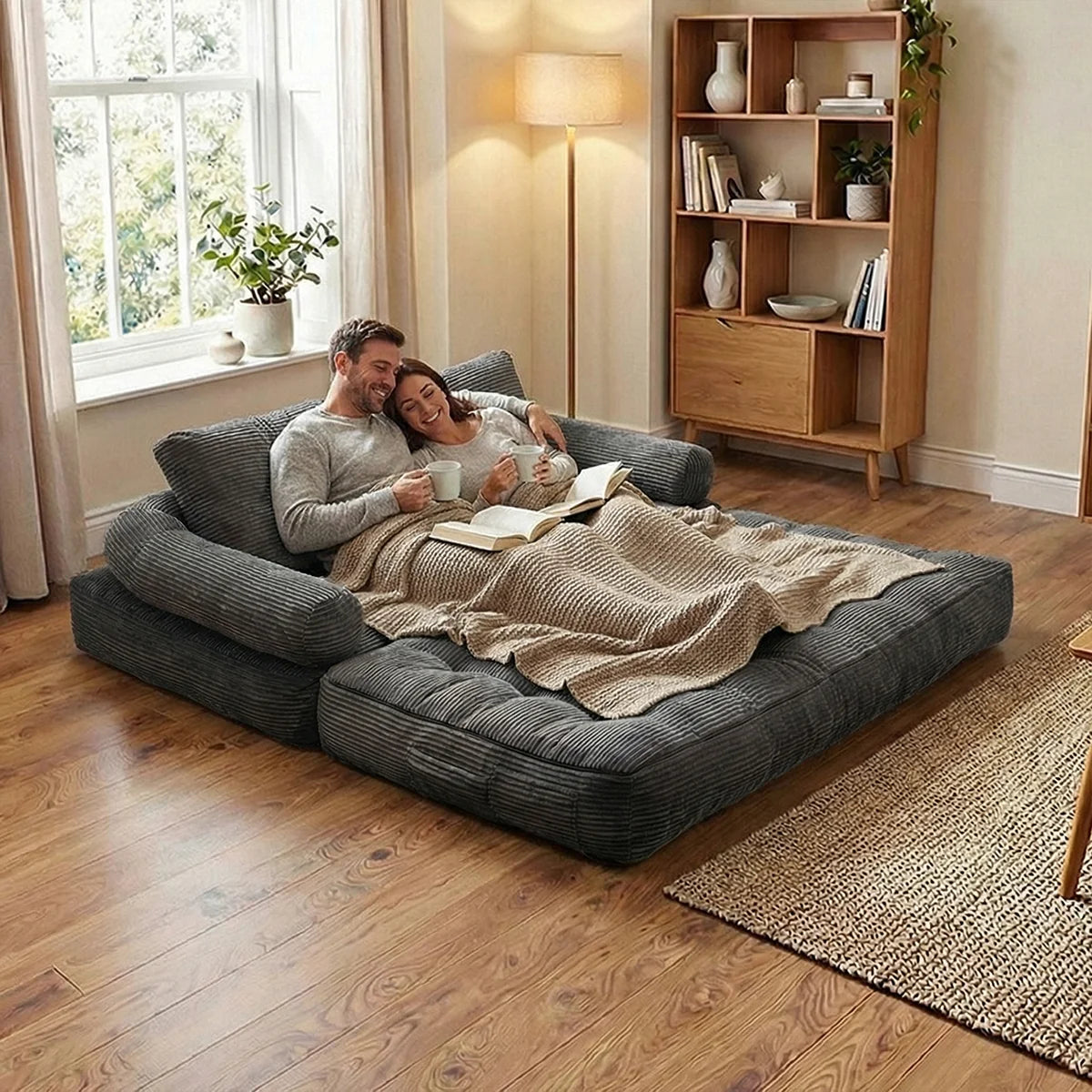 Modern Convertible Sofa Bed, 2-Seater Vacuum Packed Compressed Couch, Soft Memory Foam Floor Sofa for Small Space Living Room