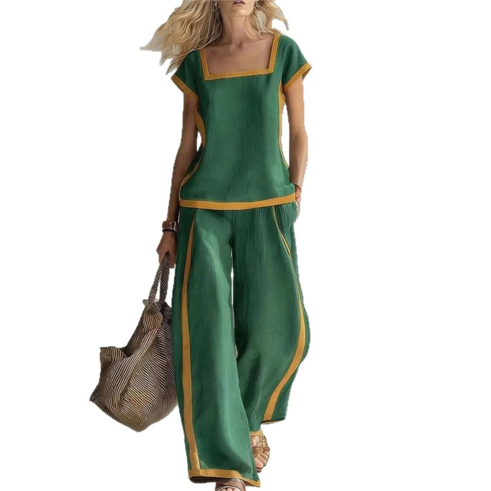Fashion Square-neck Short-sleeved Wide-leg Trousers Women 2piece Summer New Casual Retro Pocket Trousers Female Office Suit 2026