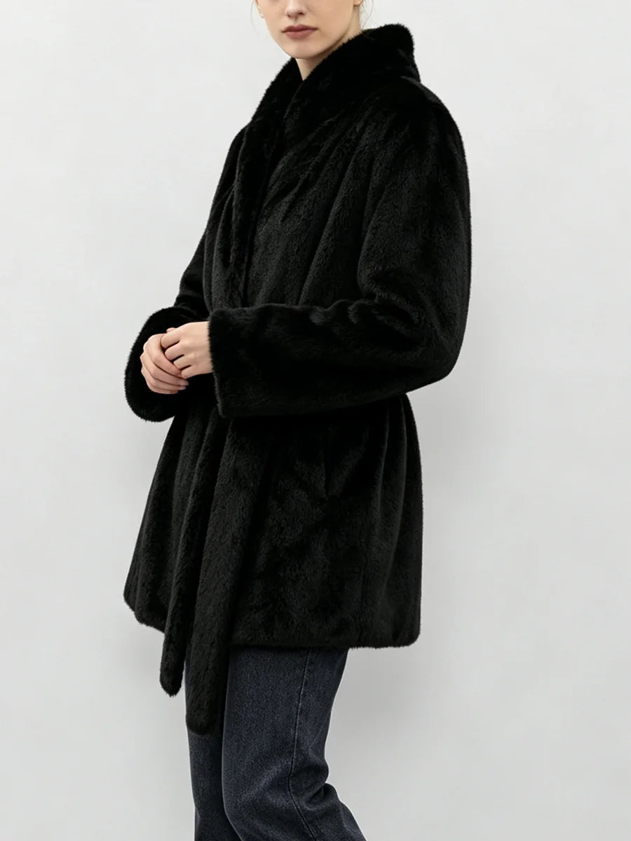 LIMO Women  Faux Mink Fur Coat Wrap Belted Waist Stand Collar Long Sleeve Loose Warm Winter Elegant Ladies  Plush Outerwear