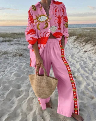 Summer Casual Shirts Two Piece Outfits 2 Pieces Set For Woman New In Matching Sets Blouse For Woman Temperament Vacation Printed