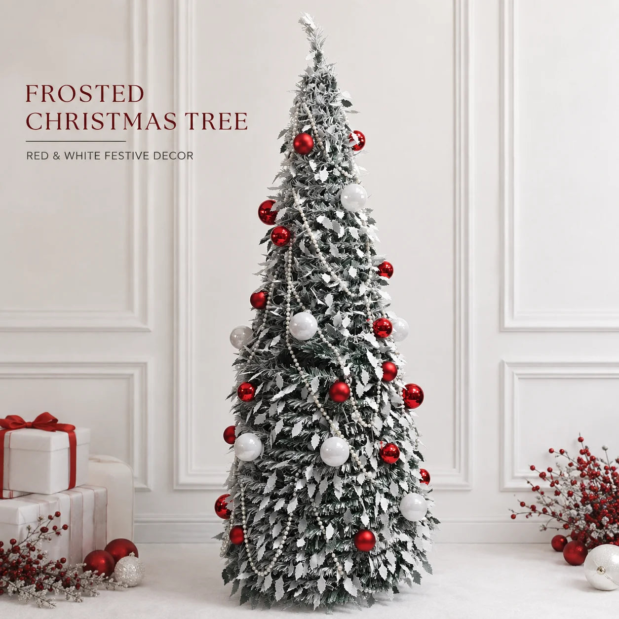 Flocked PVC Christmas Tree 1.5/1.8/2.1M Pre‑Attached Baubles, Foldable Xmas Tree with USB String Lights for Home Holiday Decor