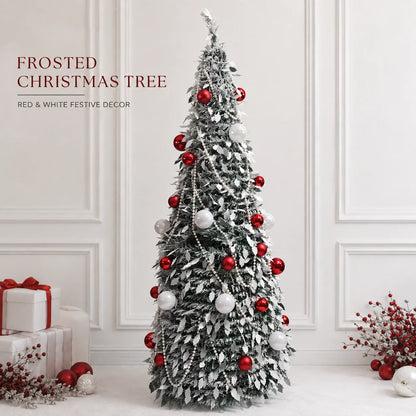 Flocked PVC Christmas Tree 1.5/1.8/2.1M Pre‑Attached Baubles, Foldable Xmas Tree with USB String Lights for Home Holiday Decor
