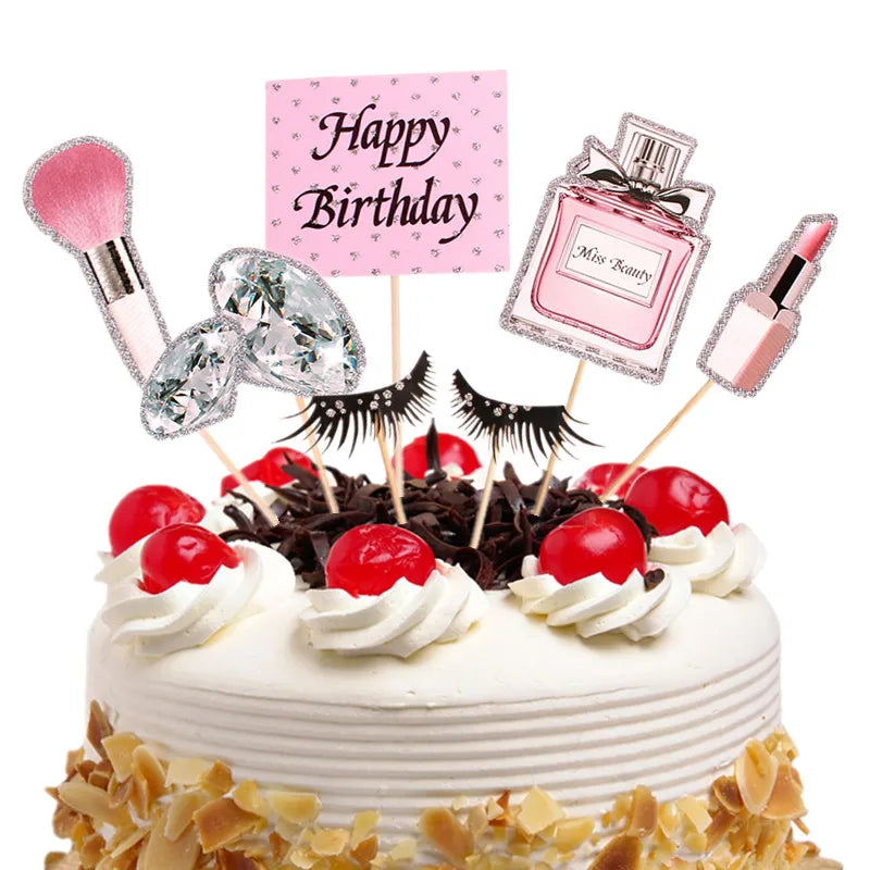 Perfume Lipstick Makeup Brush Cake Topper DIY Women Cupcake Cake Flags Kids Girl Happy Birthday Bride Party Baking DIY Decor
