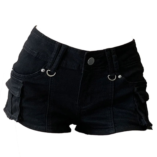 Women's Black Gothic Denim Shorts Y2k High Street Harajuku 2000s Aesthetic Sexy 90S Retro Jeans Shorts Summer Clothing 2025 New