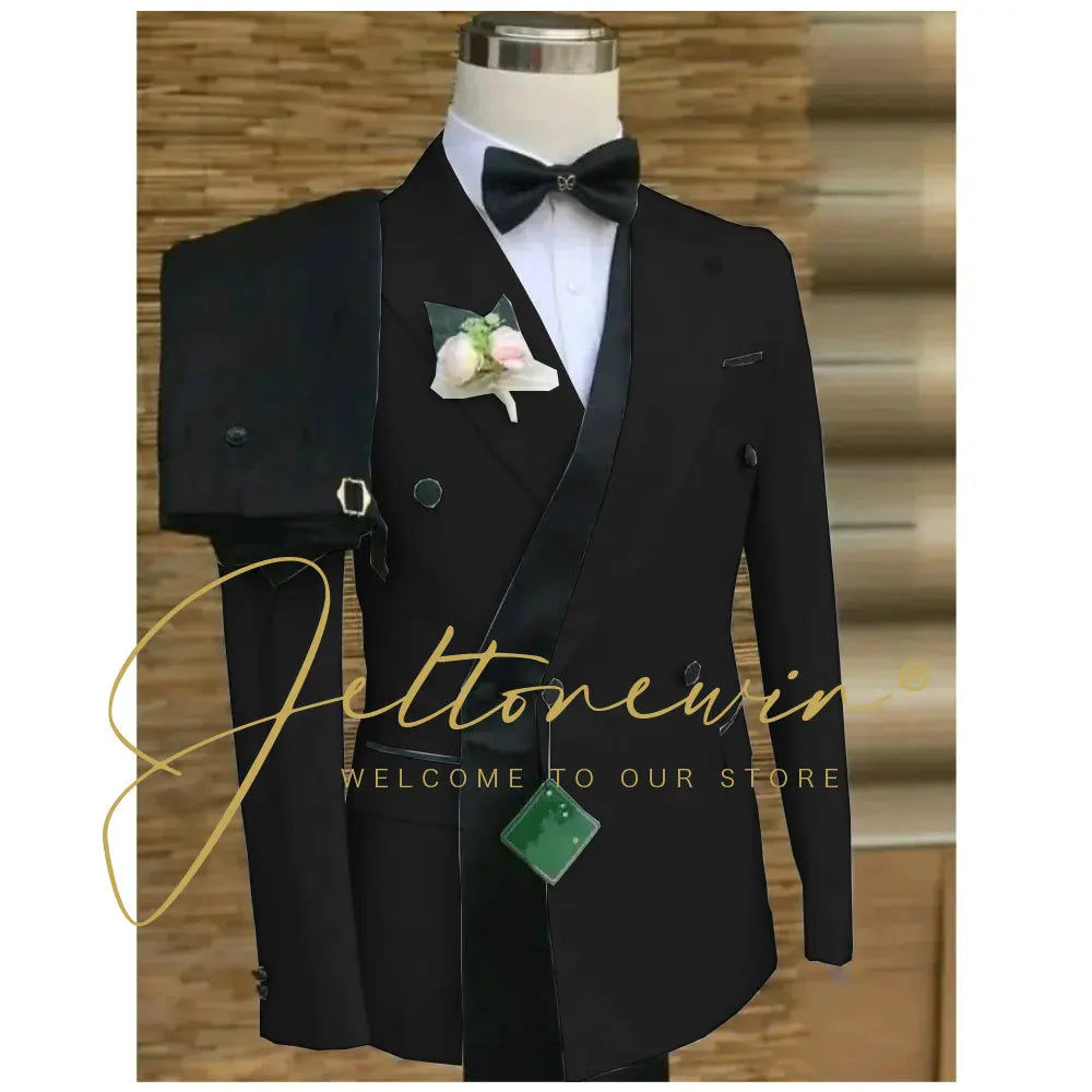 Double Breasted White Black Wedding Suits for Men Fashion Slim Fit Groom Best Man Wedding Tuxedo Formal Prom Wear 2 Pieces Set