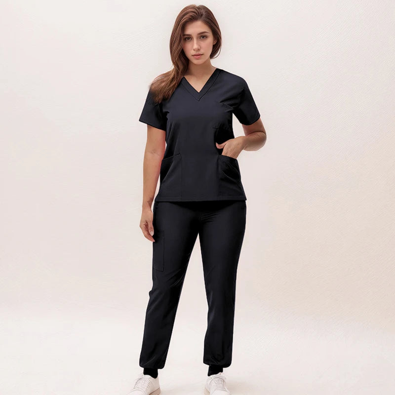 Women's Nurse Scrub Set | V-Neck Top & Jogger Pants, Stretch Jersey | Medical Workwear