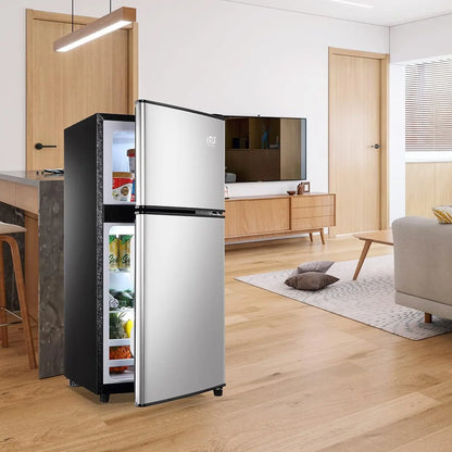 3.5Cu.Ft Compact Refrigerator Mini Fridge with Freezer, Small Compact Refrigerator with 2 Door, 7 Level Thermostat Removable Shelves for Kitchen, Dorm, Apartment, Bar, Office, Silver
