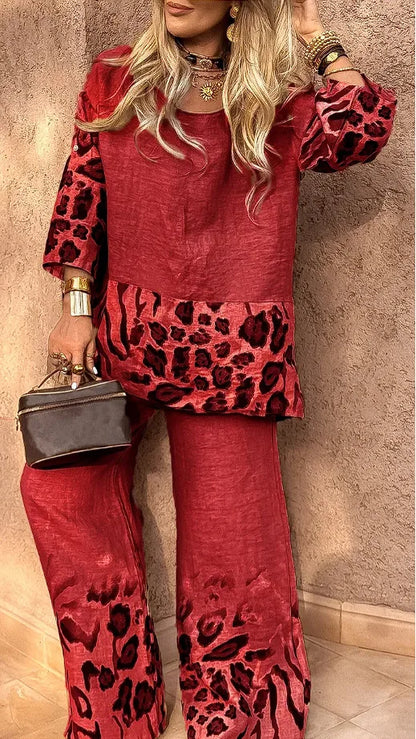 2025 New Summer Leopard Print Two Piece Set Women Fashion Casual Loose Short Sleeves Blouses Splicing Tops Wide Leg Pants Suits